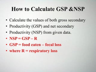 How to Calculate GSP &NSP
• Calculate the values of both gross secondary
• Productivity (GSP) and net secondary
• Productivity (NSP) from given data.
• NSP = GSP – R
• GSP = food eaten – fecal loss
• where R = respiratory loss
 