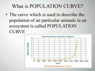 What is POPULATION CURVE?
• The curve which is used to describe the
population of an particular animals in an
ecosystem is called POPULATION
CURVE
 