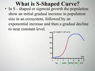 What is S-Shaped Curve?
• In S - shaped or sigmoid growth the population
show an initial gradual increase in population
size in an ecosystem, followed by an
exponential increase and then a gradual decline
to near constant level.
 