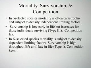 Mortality, Survivorship, &
Competition
• In r-selected species mortality is often catastrophic
and subject to density independent limiting factors.
• Survivorship is low early in life but increases for
those individuals surviving (Type III). Competition
lax.
• In K-selected species mortality is subject to density
dependent limiting factors Survivorship is high
throughout life until late in life (Type I). Competition
keen.
 