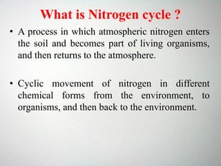 What is Nitrogen cycle ?
• A process in which atmospheric nitrogen enters
the soil and becomes part of living organisms,
and then returns to the atmosphere.
• Cyclic movement of nitrogen in different
chemical forms from the environment, to
organisms, and then back to the environment.
 
