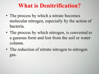What is Denitrification?
• The process by which a nitrate becomes
molecular nitrogen, especially by the action of
bacteria.
• The process by which nitrogen, is converted to
a gaseous form and lost from the soil or water
column.
• The reduction of nitrate nitrogen to nitrogen
gas.
 