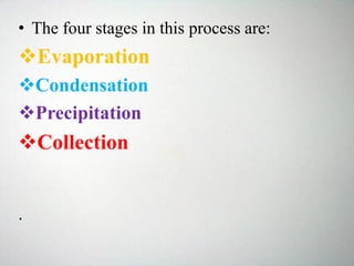 • The four stages in this process are:
Evaporation
Condensation
Precipitation
Collection
.
 
