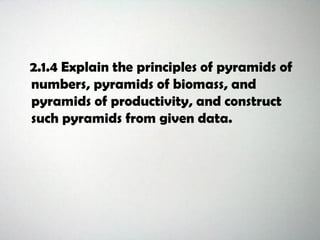 2.1.4 Explain the principles of pyramids of
numbers, pyramids of biomass, and
pyramids of productivity, and construct
such pyramids from given data.
 