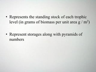 • Represents the standing stock of each trophic
level (in grams of biomass per unit area g / m2)
• Represent storages along with pyramids of
numbers
 