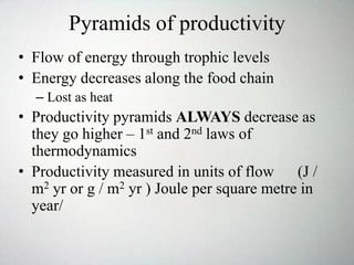 Pyramids of productivity
• Flow of energy through trophic levels
• Energy decreases along the food chain
– Lost as heat
• Productivity pyramids ALWAYS decrease as
they go higher – 1st and 2nd laws of
thermodynamics
• Productivity measured in units of flow (J /
m2 yr or g / m2 yr ) Joule per square metre in
year/
 