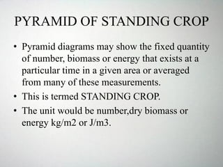 PYRAMID OF STANDING CROP
• Pyramid diagrams may show the fixed quantity
of number, biomass or energy that exists at a
particular time in a given area or averaged
from many of these measurements.
• This is termed STANDING CROP.
• The unit would be number,dry biomass or
energy kg/m2 or J/m3.
 