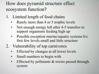 How does pyramid structure effect
ecosystem function?
1. Limited length of food chains
• Rarely more than 4 or 5 trophic levels
• Not enough energy left after 4-5 transfers to
support organisms feeding high up
• Possible exception marine/aquatic systems b/c
first few levels small and little structure
2. Vulnerability of top carnivores
• Effected by changes at all lower levels
• Small numbers to begin with
• Effected by pollutants & toxins passed through
system
 