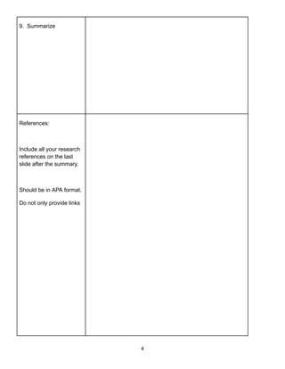 9. Summarize
References:
Include all your research
references on the last
slide after the summary.
Should be in APA format.
Do not only provide links
4
 