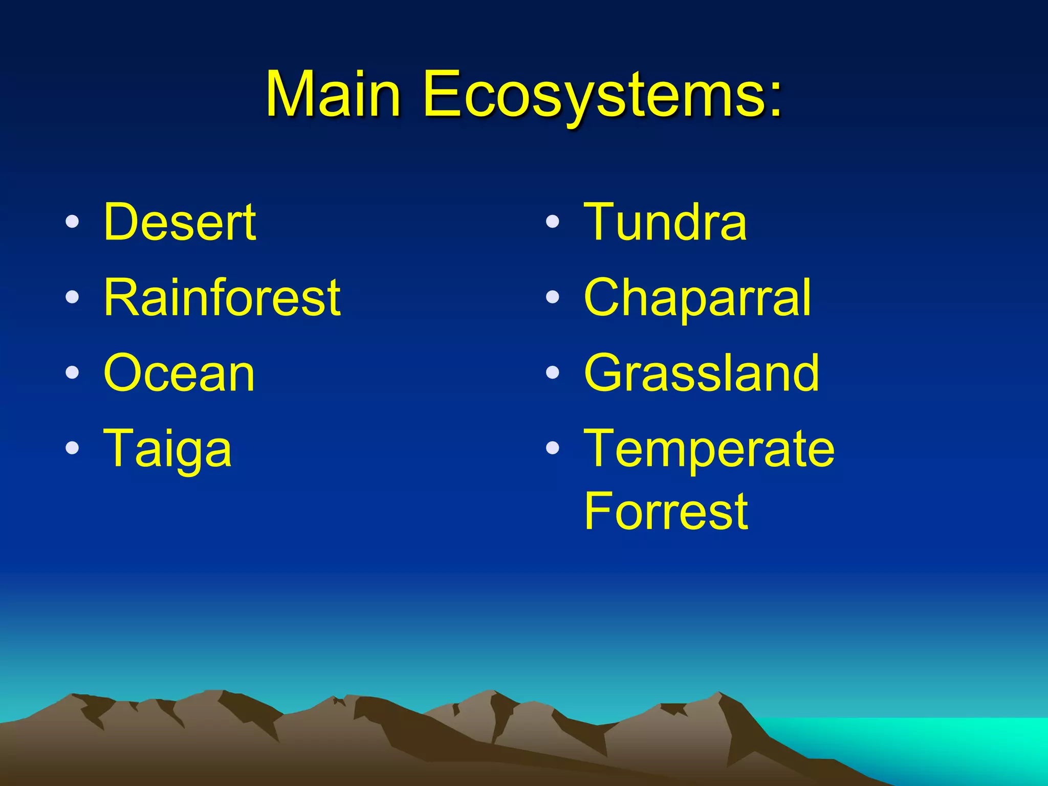 Main Ecosystems:DesertRainforestOceanTaigaTundraChaparralGrasslandTemperate Forrest