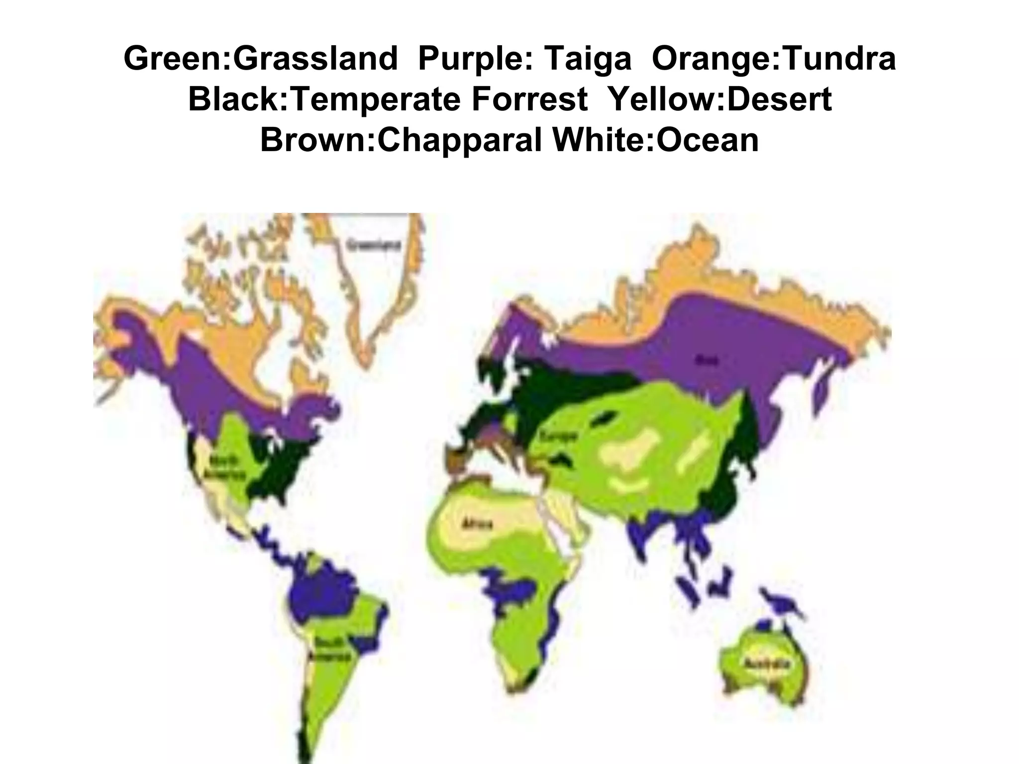 Green:Grassland  Purple: Taiga  Orange:Tundra  Black:Temperate Forrest  Yellow:Desert  Brown:Chapparal White:Ocean
