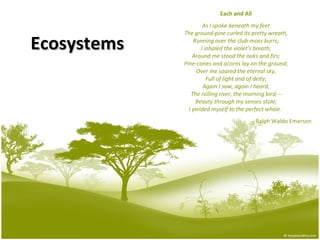 Ecosystems Each and All As I spoke beneath my feet The ground-pine curled its pretty wreath, Running over the club-moss burrs; I inhaled the violet's breath; Around me stood the oaks and firs; Pine-cones and acorns lay on the ground; Over me soared the eternal sky, Full of light and of deity; Again I saw, again I heard, The rolling river, the morning bird;-- Beauty through my senses stole; I yielded myself to the perfect whole.  - Ralph Waldo Emerson 