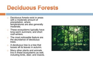    Deciduous forests exist in areas
    with a moderate amount of
    precipitation, where
    temperatures are also generally
    moderate.
   These ecosystems typically have
    long warm summers, and short
    cool winters.
   The most noticeable feature are
    the abundance of deciduous
    trees.
   A deciduous tree is a tree that
    looses all its leaves in autumn.
   Many other plants and animals
    live in these ecosystems as well,
    including birds, deer, and insects.
 