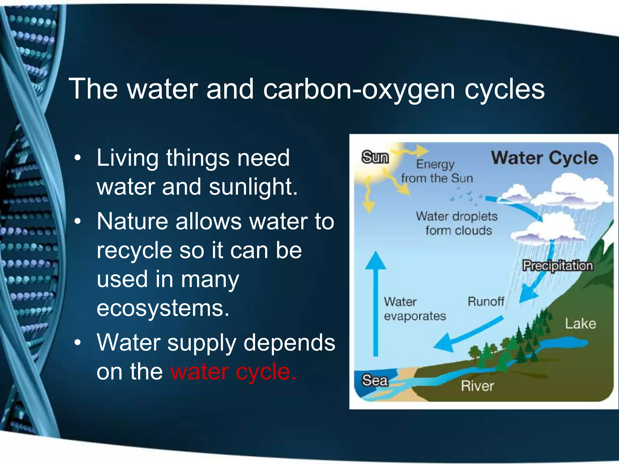 The water and carbon-oxygen cycles
• Living things need
water and sunlight.
• Nature allows water to
recycle so it can be
used in many
ecosystems.
• Water supply depends
on the water cycle.
 