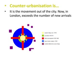 • Counter-urbanisation is…
•

It is the movement out of the city. Now, in
London, exceeds the number of new arrivals

 