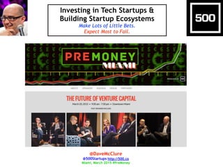 Investing in Tech Startups &
Building Startup Ecosystems
Make Lots of Little Bets.
Expect Most to Fail.
@DaveMcClure
@500Startups http://500.co
Miami, March 2015 #PreMoney
 