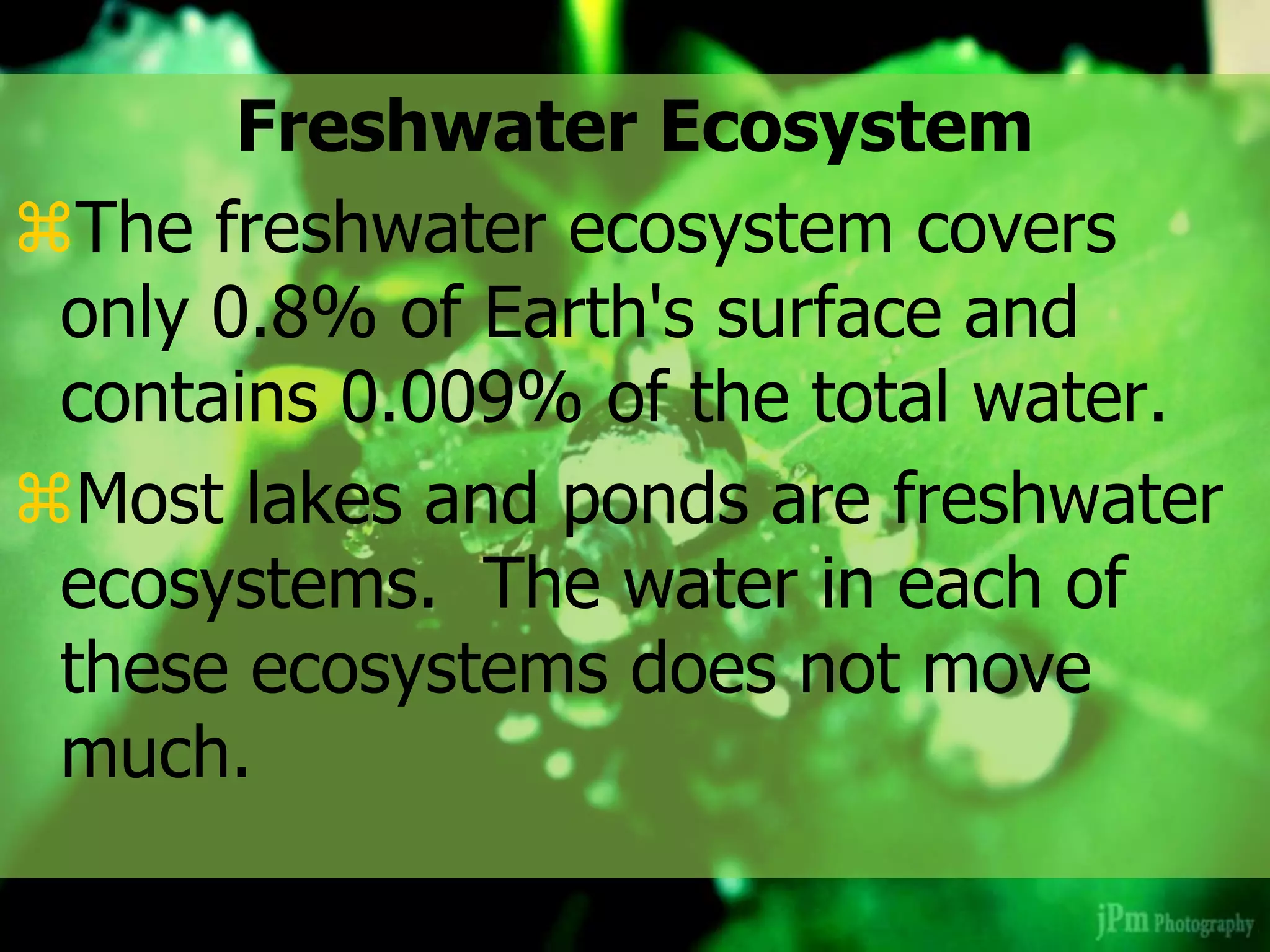 Freshwater Ecosystem
The freshwater ecosystem covers
only 0.8% of Earth's surface and
contains 0.009% of the total water.
Most lakes and ponds are freshwater
ecosystems. The water in each of
these ecosystems does not move
much.
 