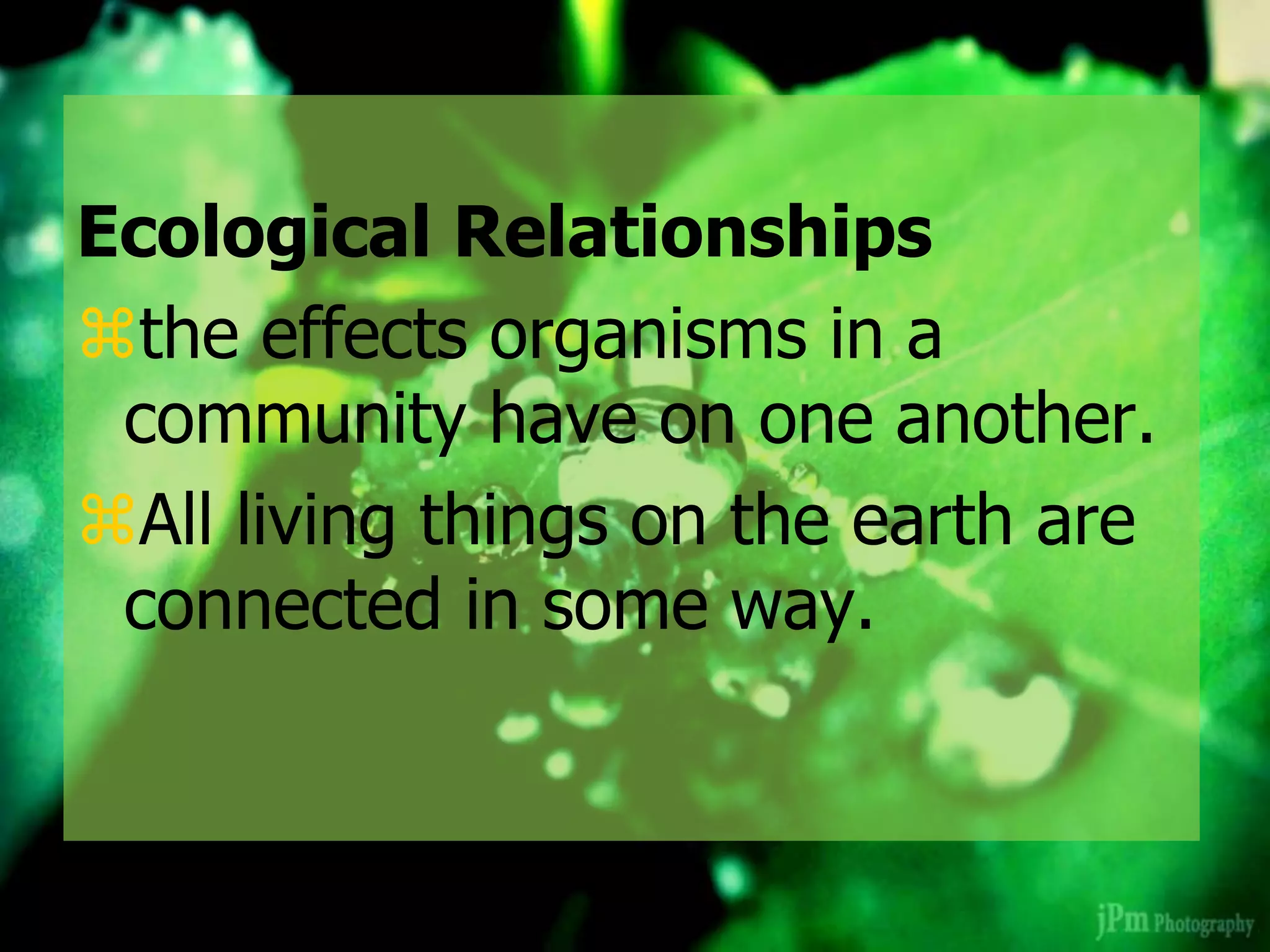 Ecological Relationships
the effects organisms in a
community have on one another.
All living things on the earth are
connected in some way.
 