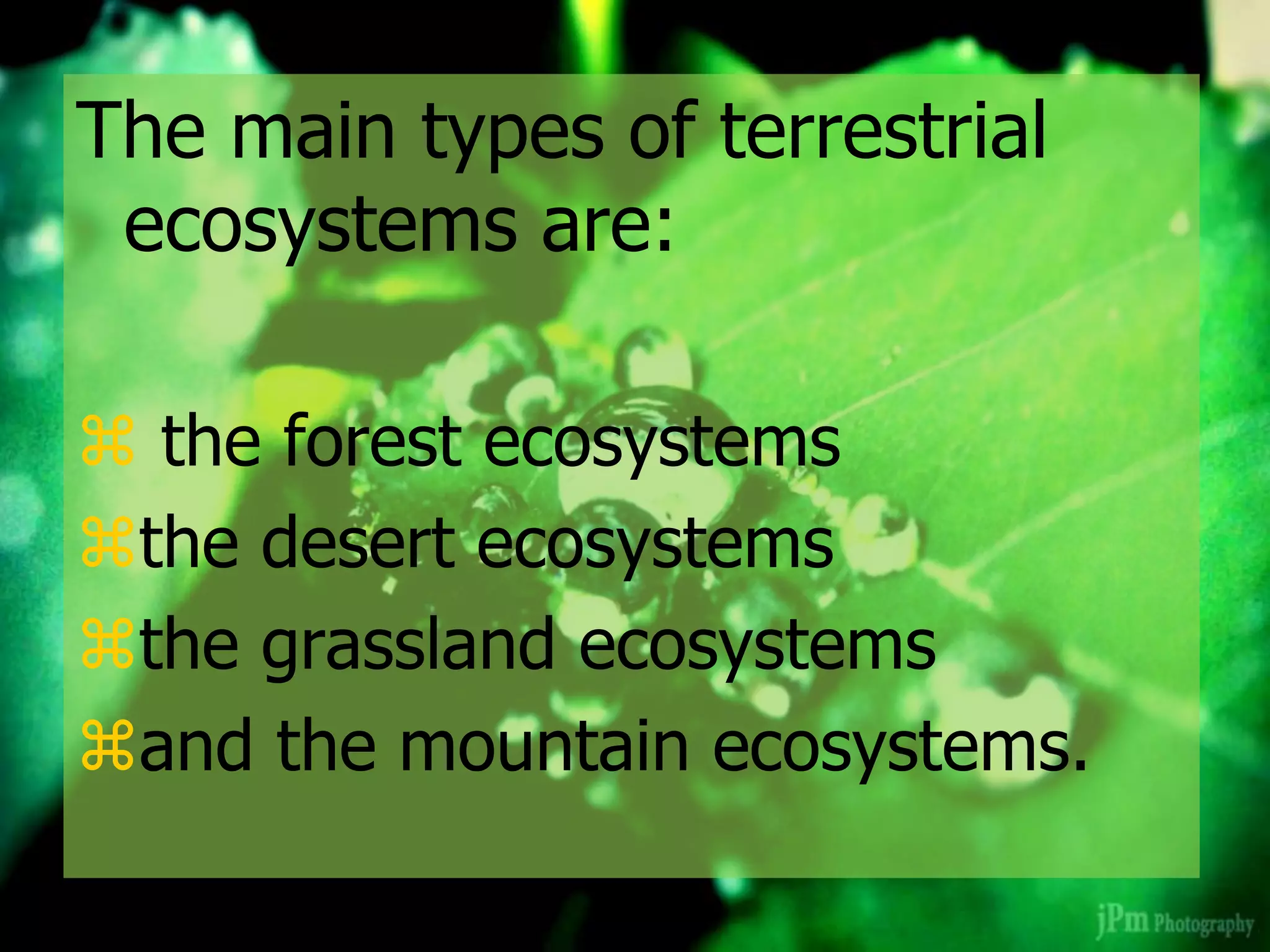 The main types of terrestrial
ecosystems are:
 the forest ecosystems
the desert ecosystems
the grassland ecosystems
and the mountain ecosystems.
 