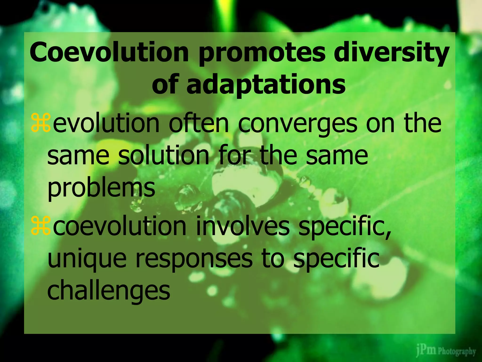 Coevolution promotes diversity
of adaptations
evolution often converges on the
same solution for the same
problems
coevolution involves specific,
unique responses to specific
challenges
 