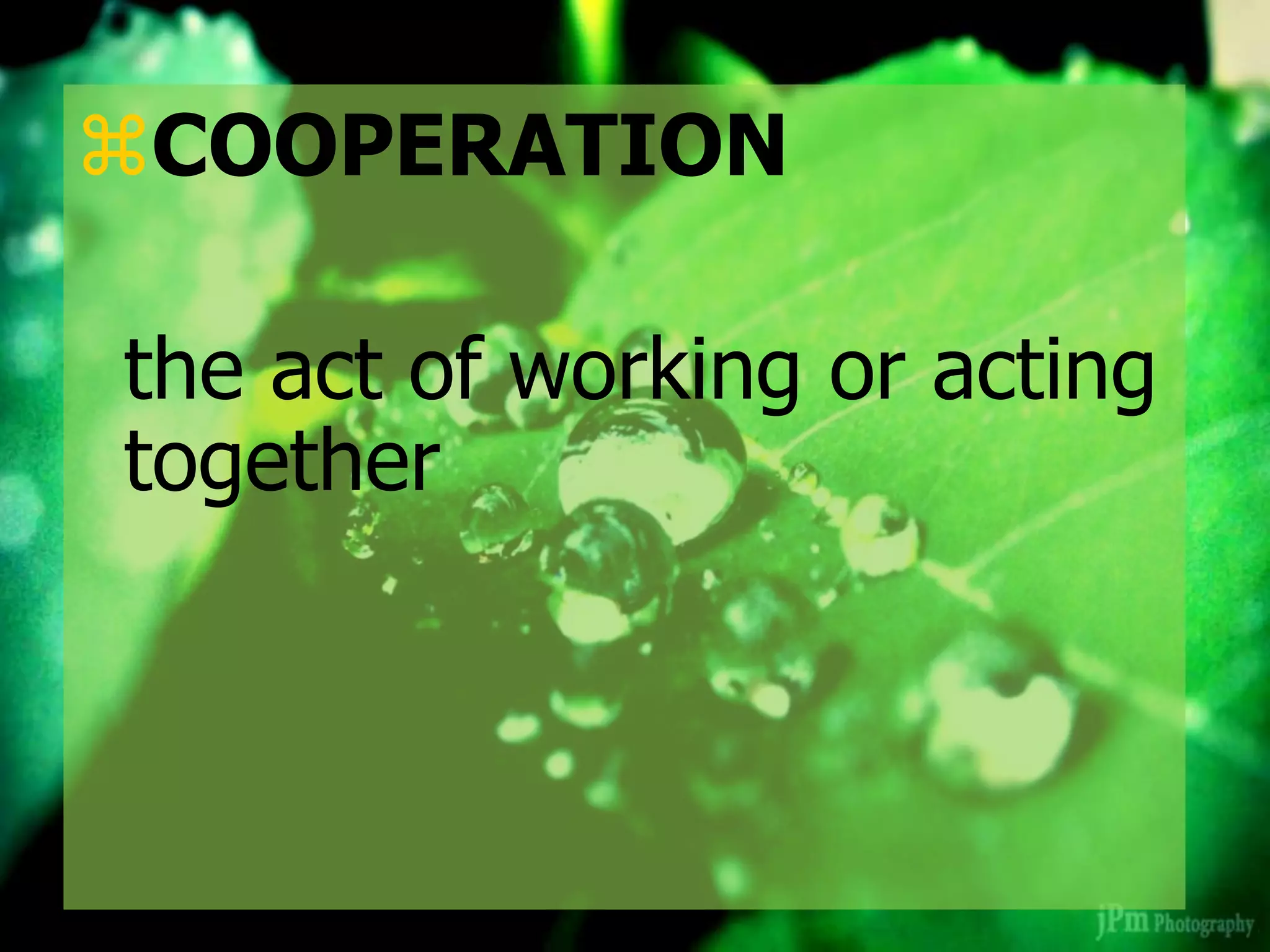 COOPERATION
the act of working or acting
together
 