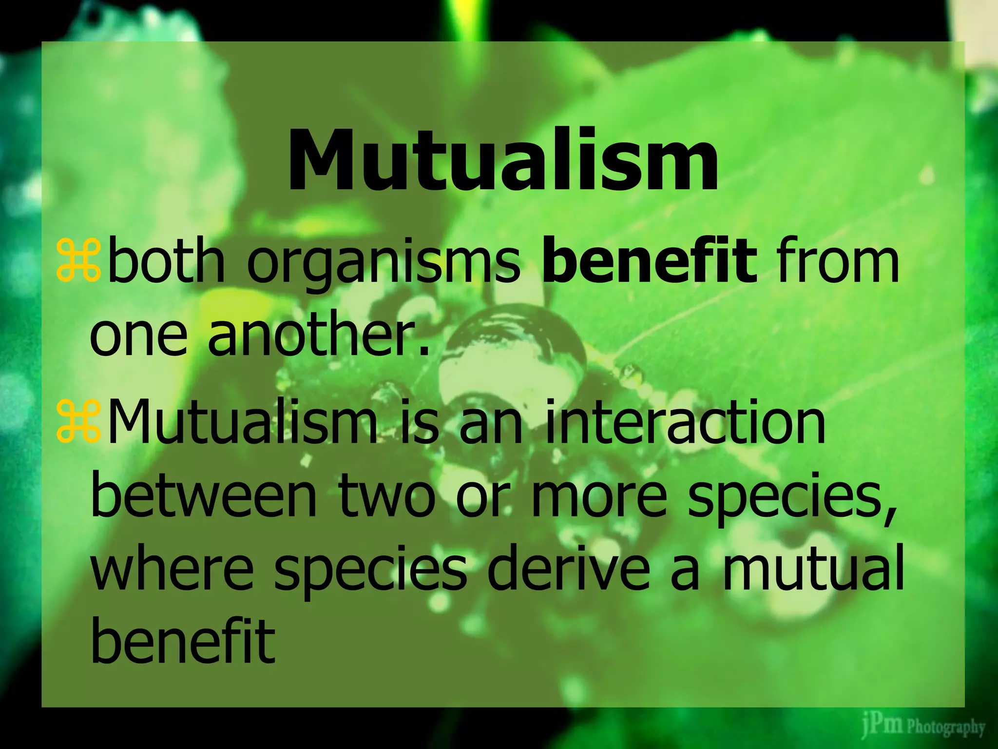 Mutualism
both organisms benefit from
one another.
Mutualism is an interaction
between two or more species,
where species derive a mutual
benefit
 