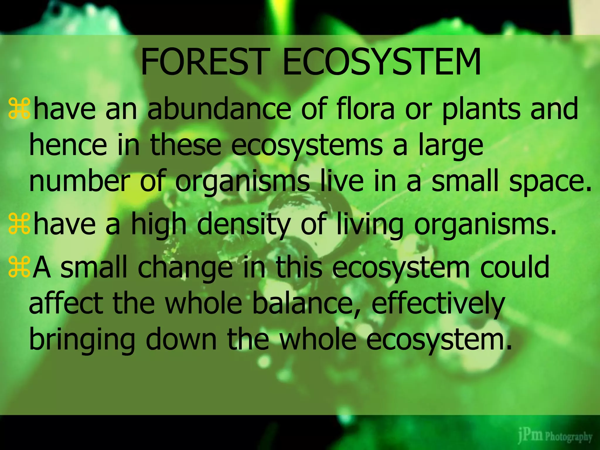 FOREST ECOSYSTEM
have an abundance of flora or plants and
hence in these ecosystems a large
number of organisms live in a small space.
have a high density of living organisms.
A small change in this ecosystem could
affect the whole balance, effectively
bringing down the whole ecosystem.
 