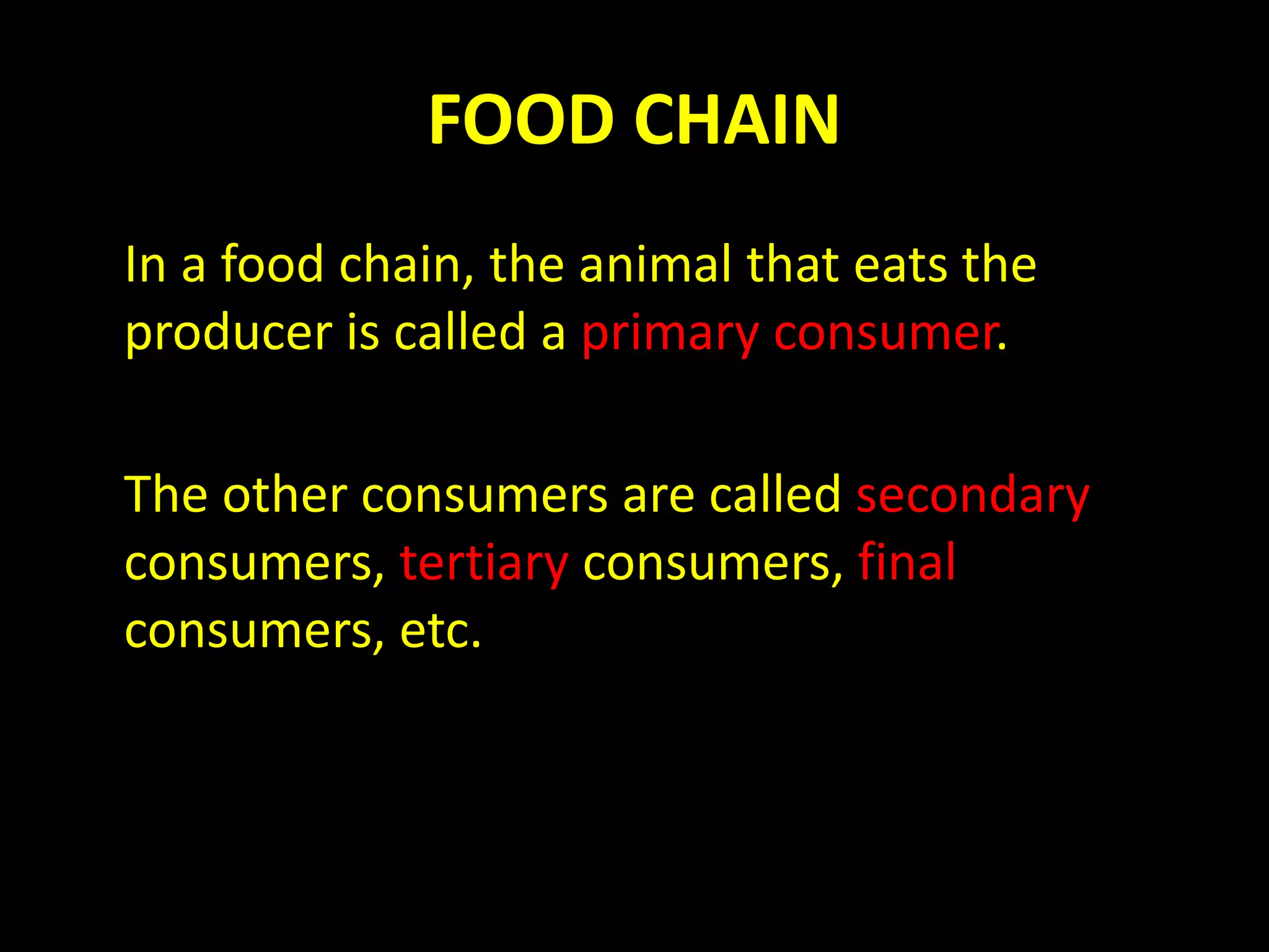 FOOD CHAIN
In a food chain, the animal that eats the
producer is called a primary consumer.
The other consumers are called secondary
consumers, tertiary consumers, final
consumers, etc.
 