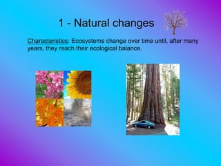 1 - Natural changes
Characteristics: Ecosystems change over time until, after many
years, they reach their ecological balance.
 