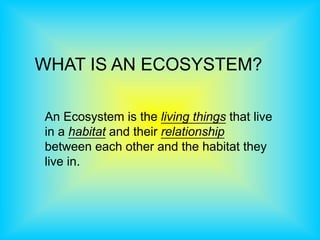 An Ecosystem is the living things that live
in a habitat and their relationship
between each other and the habitat they
live in.
WHAT IS AN ECOSYSTEM?
 