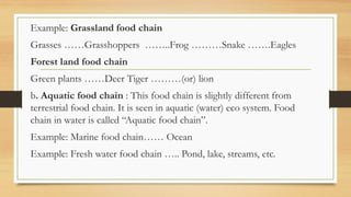 Example: Grassland food chain
Grasses ……Grasshoppers ……..Frog ………Snake …….Eagles
Forest land food chain
Green plants ……Deer Tiger ………(or) lion
b. Aquatic food chain : This food chain is slightly different from
terrestrial food chain. It is seen in aquatic (water) eco system. Food
chain in water is called “Aquatic food chain”.
Example: Marine food chain…… Ocean
Example: Fresh water food chain ….. Pond, lake, streams, etc.
 