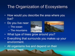 The Organization of Ecosystems
• How would you describe the area where you
live?
• Do you live near:
– The ocean
– The mountains
• What type of trees grow around you?
• Everything that surrounds you makes up your
environment.
• All organisms live and depend on their
environment.
 