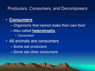 Producers, Consumers, and Decomposers
• Consumers
– Organisms that cannot make their own food
– Also called heterotrophs
• Consumers
• All animals are consumers
– Some eat producers
– Some eat other consumers
 