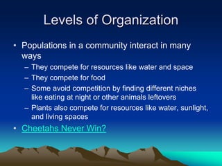 Levels of Organization
• Populations in a community interact in many
ways
– They compete for resources like water and space
– They compete for food
– Some avoid competition by finding different niches
like eating at night or other animals leftovers
– Plants also compete for resources like water, sunlight,
and living spaces
• Cheetahs Never Win?
 