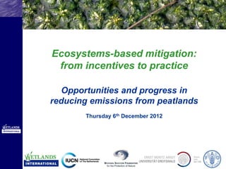 Side Event



Ecosystems-based mitigation:
 from incentives to practice

  Opportunities and progress in
reducing emissions from peatlands
       Thursday 6th December 2012
 