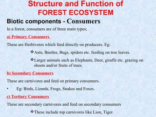 Structure and Function of 
FOREST ECOSYSTEM 
Biotic components - Consumers 
In a forest, consumers are of three main types; 
a) Primary Consumers 
These are Herbivores which feed directly on producers. Eg: 
Ants, Beetles, Bugs, spiders etc. feeding on tree leaves. 
Larger animals such as Elephants, Deer, giraffe etc. grazing on 
shoots and/or fruits of trees. 
b) Secondary Consumers 
These are carnivores and feed on primary consumers. 
• Eg: Birds, Lizards, Frogs, Snakes and Foxes. 
c) Tertiary Consumers 
These are secondary carnivores and feed on secondary consumers 
These include top carnivores like Lion, Tiger. 
 