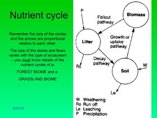 Nutrient cycle BACK Remember the size of the circles and the arrows are proportional relative to each other. The size of the stores and flows varies with the type of ecosystem – you  must  know details of the nutrient cycles of a: FOREST BIOME and a  GRASSLAND BIOME 