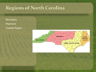 Regions of North Carolina 
Mountains 
Piedmont 
Coastal Region 
 