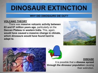 DINOSAUR EXTINCTION
WHY DID DINOSAURS DIE OUT?
VOLCANO THEORY
There was massive volcanic activity between
63 and 67 million years ago, particularly on the
Deccan Plateau in western India. This, again,
would have caused a massive change in climate,
which dinosaurs would have found hard to
adapt to.
DISEASE
It is possible that a disease spread
through the dinosaur population causing
their extinction.
 