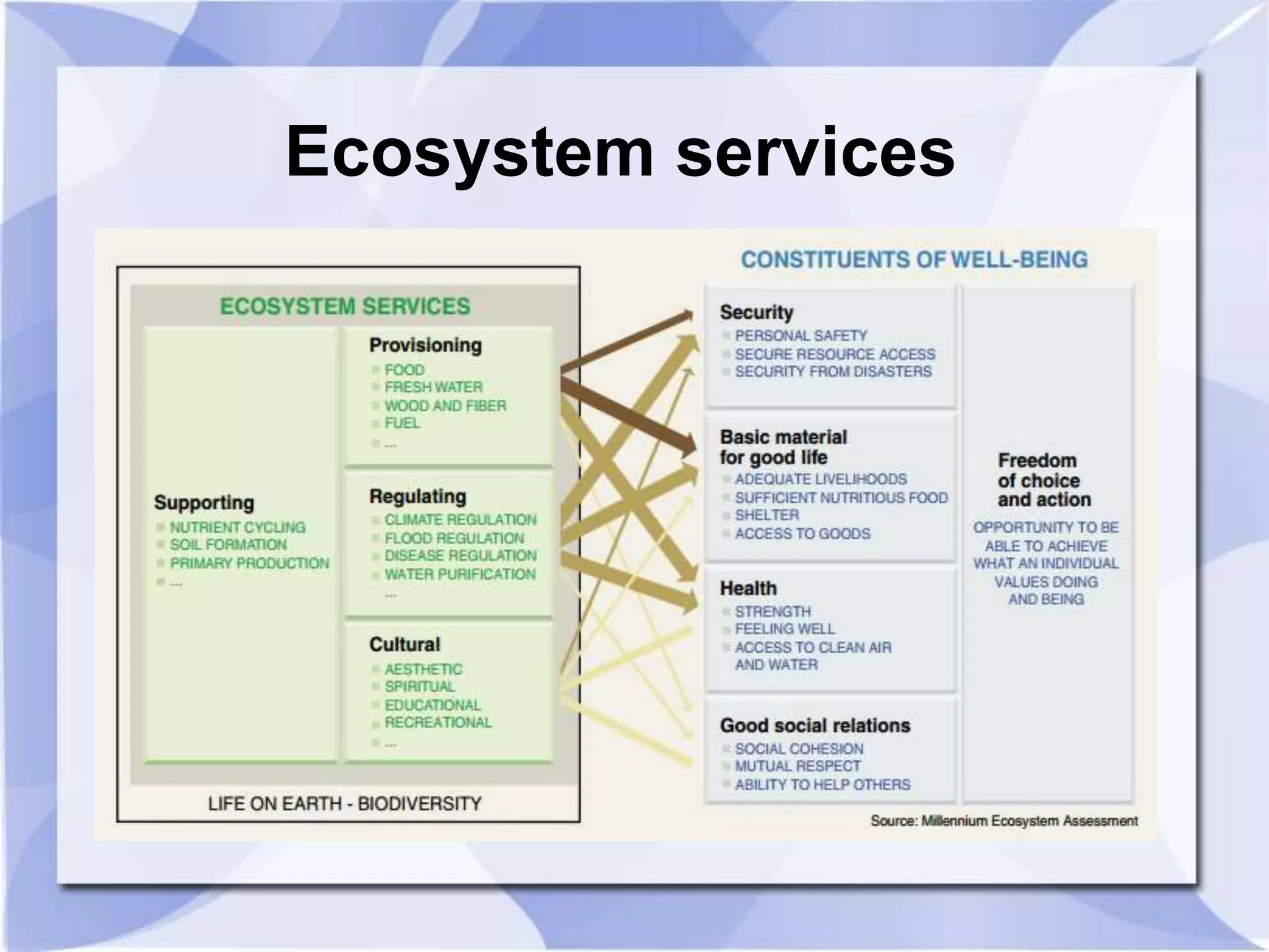Ecosystem services 
Provisioning 
 Food 
 Wood 
 Fibre 
 Fuel 
Regulation 
 Climate regulation 
 Flood regulation 
 Disease regulation 
 Water purification 
Cultural 
 Aesthetic 
 Spiritual 
 Educational 
 Recreational 
Supporting 
 Nutrient cycling 
 Soil formation 
 Primary 
production 
Security 
 Personal safety 
 Secure resource access 
 Security from disasters 
Basic material for 
good life 
 Adequate livelihood 
 Sufficient nutrients 
 Shelter 
Health 
 Strength 
 Feeling well 
 Clean water 
Social relations 
 Social cohesion 
 Mutual respect 
 Ability to help others 
Freedom of 
choice and 
action 
Opportunity to be 
able to achieve 
what an individual 
values doing and 
being 
 