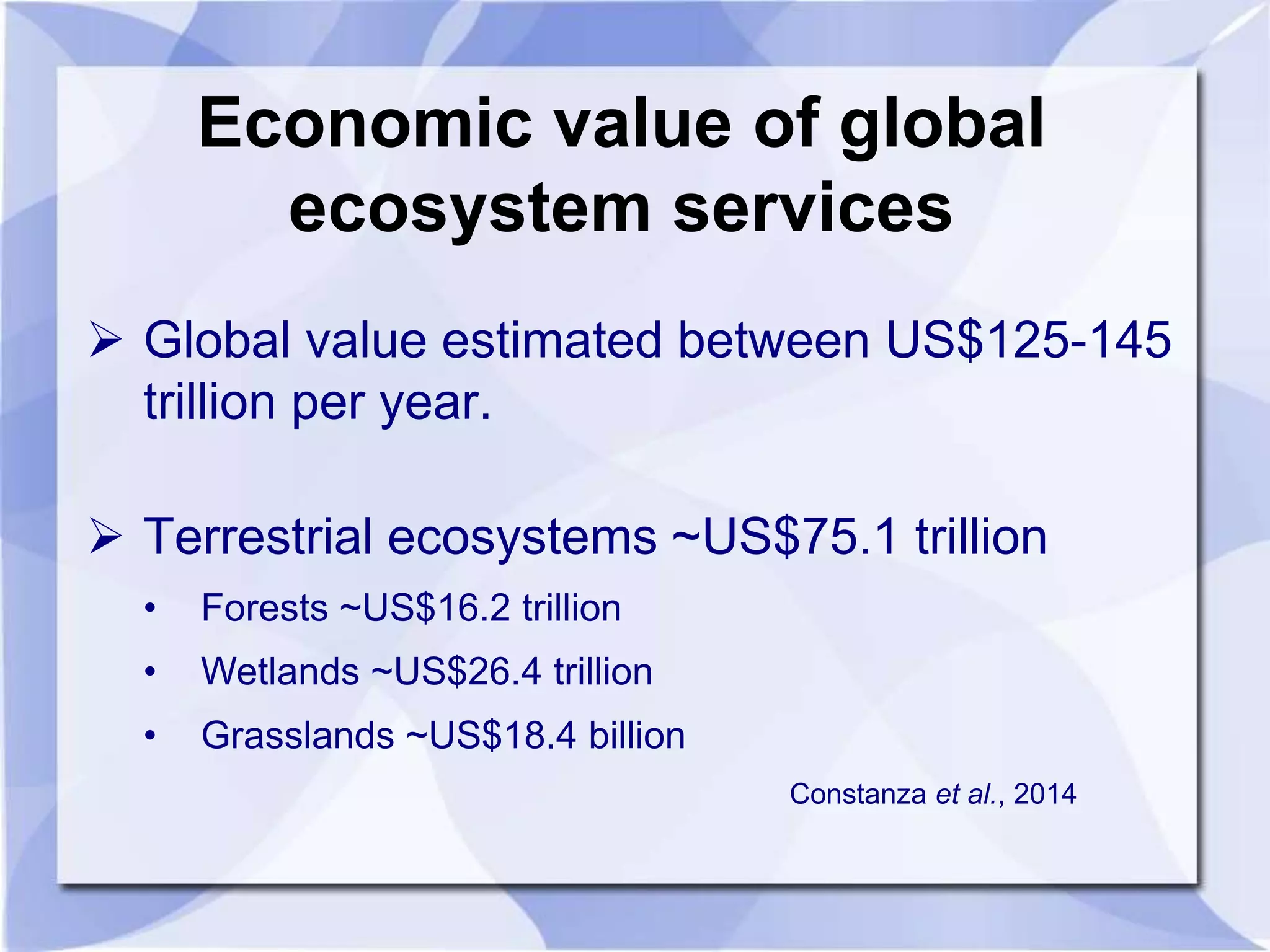 Economic value of global 
ecosystem services 
 Global value estimated between US$125-145 
trillion per year. 
 Terrestrial ecosystems ~US$75.1 trillion 
• Forests ~US$16.2 trillion 
• Wetlands ~US$26.4 trillion 
• Grasslands ~US$18.4 billion 
Constanza et al., 2014 
 