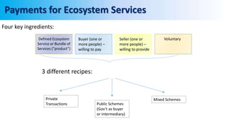 Payments for Ecosystem Services
Four key ingredients:
Defined Ecosystem
Service or Bundle of
Services (“product”)
Buyer (one or
more people) –
willing to pay
Seller (one or
more people) –
willing to provide
Voluntary
Private
Transactions Public Schemes
(Gov’t as buyer
or intermediary)
Mixed Schemes
3 different recipes:
 