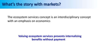 The ecosystem services concept is an interdisciplinary concept
with an emphasis on economics
What’s the story with markets?
Valuing ecosystem services prevents internalizing
benefits without payment
 