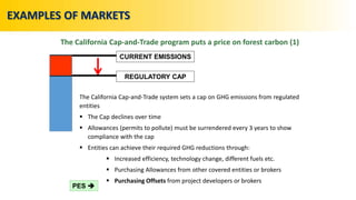 The California Cap-and-Trade system sets a cap on GHG emissions from regulated
entities
 The Cap declines over time
 Allowances (permits to pollute) must be surrendered every 3 years to show
compliance with the cap
 Entities can achieve their required GHG reductions through:
 Increased efficiency, technology change, different fuels etc.
 Purchasing Allowances from other covered entities or brokers
 Purchasing Offsets from project developers or brokers
CURRENT EMISSIONS
REGULATORY CAP
PES 
EXAMPLES OF MARKETS
The California Cap-and-Trade program puts a price on forest carbon (1)
 