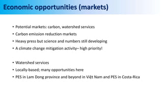 • Potential markets: carbon, watershed services
• Carbon emission reduction markets
• Heavy press but science and numbers still developing
• A climate change mitigation activity– high priority!
• Watershed services
• Locally-based; many opportunities here
• PES in Lam Dong province and beyond in Việt Nam and PES in Costa-Rica
Economic opportunities (markets)
 