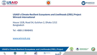 USAID's Climate-Resilient Ecosystems and Livelihoods (CREL) Project
Winrock International
House 13/B, Road 54, Gulshan 2, Dhaka 1212
Bangladesh
Tel: +880-2-9848401
www.winrock.org
 