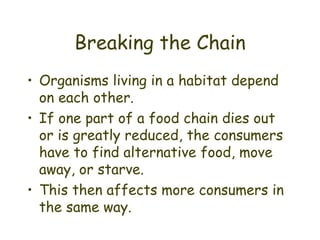 Breaking the Chain Organisms living in a habitat depend on each other. If one part of a food chain dies out or is greatly reduced, the consumers have to find alternative food, move away, or starve. This then affects more consumers in the same way.  