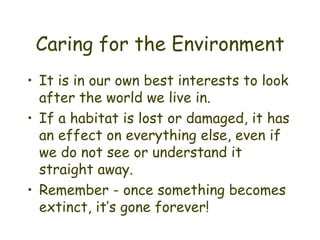 Caring for the Environment It is in our own best interests to look after the world we live in. If a habitat is lost or damaged, it has an effect on everything else, even if we do not see or understand it straight away. Remember - once something becomes extinct, it’s gone forever! 