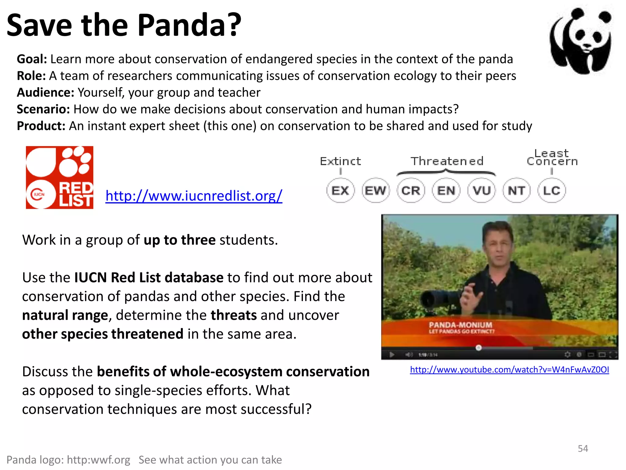 Save the Panda?
  Goal: Learn more about conservation of endangered species in the context of the panda
  Role: A team of researchers communicating issues of conservation ecology to their peers
  Audience: Yourself, your group and teacher
  Scenario: How do we make decisions about conservation and human impacts?
  Product: An instant expert sheet (this one) on conservation to be shared and used for study




                   http://www.iucnredlist.org/

   Work in a group of up to three students.

   Use the IUCN Red List database to find out more about
   conservation of pandas and other species. Find the
   natural range, determine the threats and uncover
   other species threatened in the same area.

   Discuss the benefits of whole-ecosystem conservation                http://www.youtube.com/watch?v=W4nFwAvZ0OI

   as opposed to single-species efforts. What
   conservation techniques are most successful?

                                                                                                          54
Panda logo: http:wwf.org See what action you can take
 