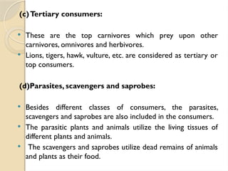 (c)Tertiary consumers:
 These are the top carnivores which prey upon other
carnivores, omnivores and herbivores.
 Lions, tigers, hawk, vulture, etc. are considered as tertiary or
top consumers.
(d)Parasites, scavengers and saprobes:
 Besides different classes of consumers, the parasites,
scavengers and saprobes are also included in the consumers.
 The parasitic plants and animals utilize the living tissues of
different plants and animals.
 The scavengers and saprobes utilize dead remains of animals
and plants as their food.
 